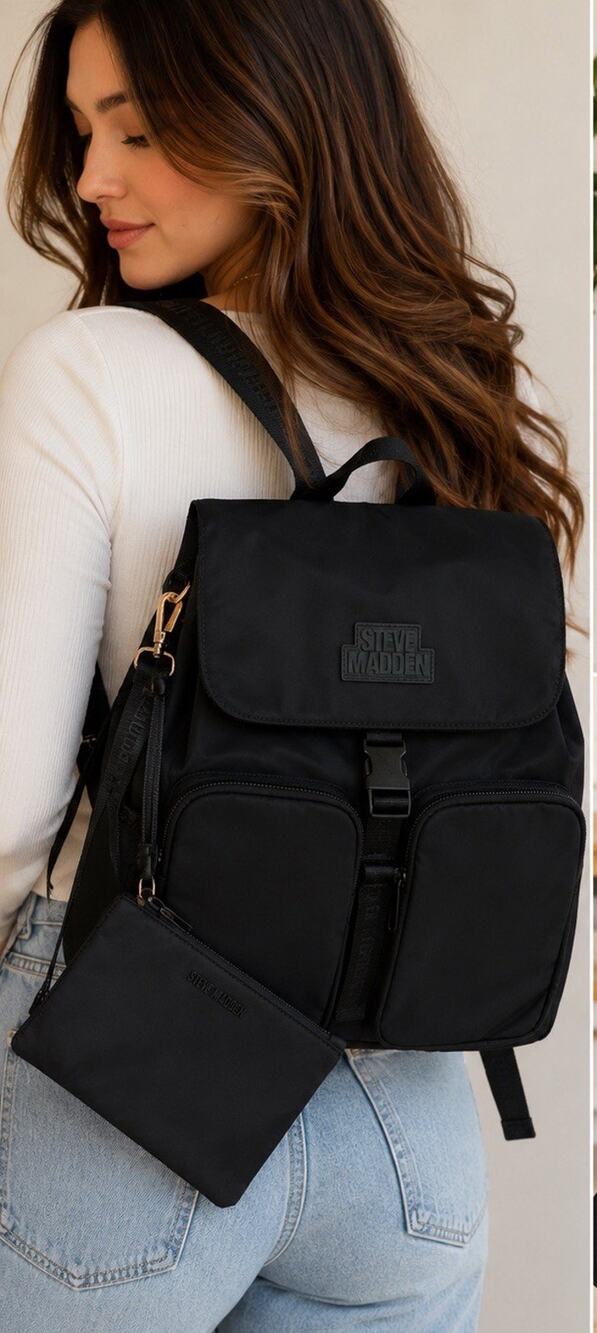 Steve Madden Black Nylon Backpack Purse w/ Wristlet Pouch Multi-Pocket Bag